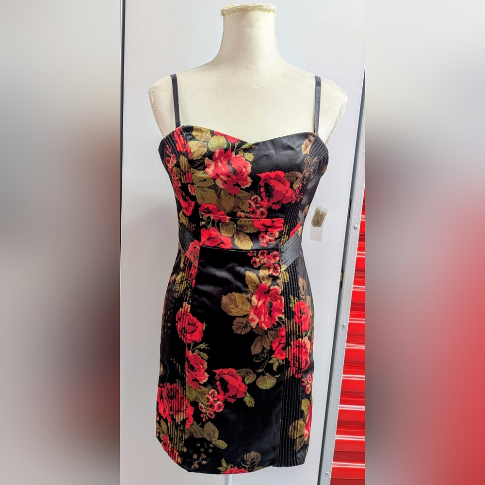 Guess Black and Red Floral Corset Mini Dress (Size 5)